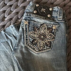 Miss Me Blue Boot Cut Jeans with Ornate Back Design